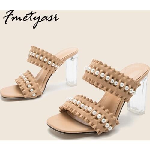 Sandals for Women Summer Shoes Pleated Leather Fashion Pearl Decoration Transparent Crystal High Heels Big Size Roman