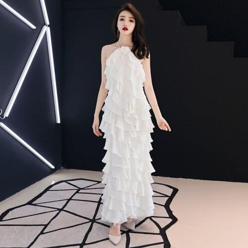 Sexy Backless Evening Dress Halter-Neck Cascading Ruffles Chiffon Prom Dress Floor Length Sheath Boho Party Dress Real Photo