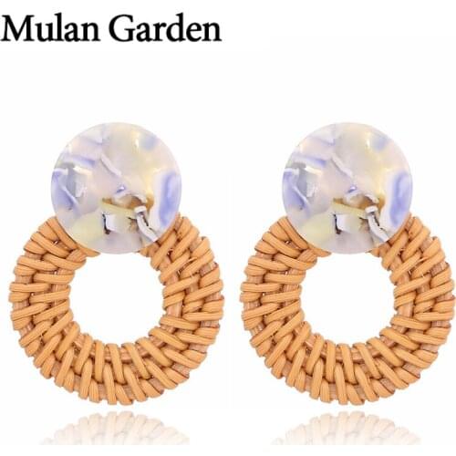 M&G Round Handmade Rattan Bohemian Earrings for Women Geometric Rhinestone Pendant Ethnic Dangle Wood Earrings Fashion Jewelry