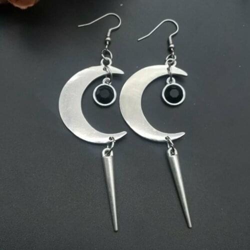 Moon Earrings and Black Spikes, Long Celestial Earrings, Moon Earrings
