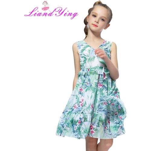 Girls Dress Pleated V-neck Chiffon Sundress 2020 Summer Banana Leaf Children Dresses Kids Clothes Size 2-12 Yrs