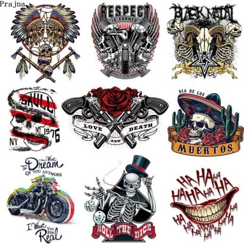 Prajna Punk Skull Iron-On Transfers Grim Reaper Heat Transfers PVC Patches For Clothes Thermal Transfers Hot Vinyl Iron Stickers