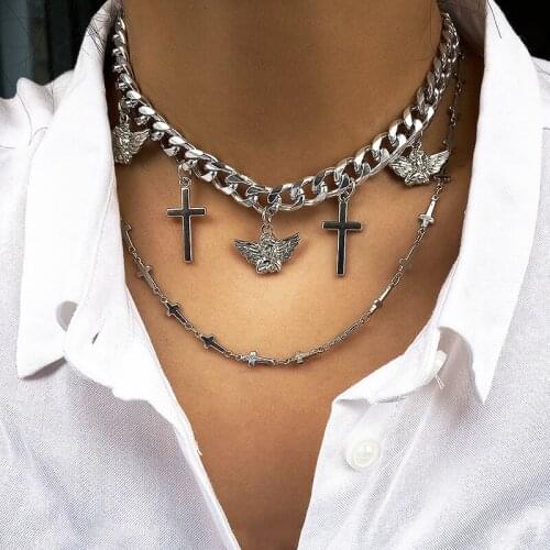 Vintage Multilayer Thick Chain Angel Cross Pendant Choker Necklace for Women Fashion Geometric Chocker Necklace Jewelry XR2878