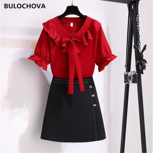 High Quality Womens Suit Clothes 2 Pieces Outfits Bow V Neck Short Sleeve Ruffles Shirt Tops + A Line Mini Skirt Sets 2021 New