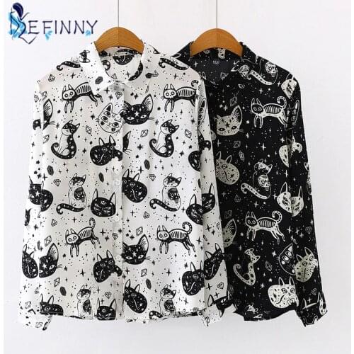 Women Shirt Cat Pattern Printed Personality Tops and Blouses Fashion Office Lady Long Sleeve Clothes White Black