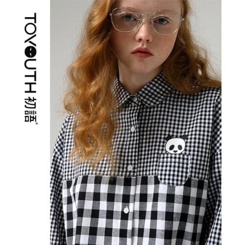 Toyouth Srping Plaid Patchwork Shirt Women Black and White Preppy style Long Sleeve Shirt Loose Shirt Tops