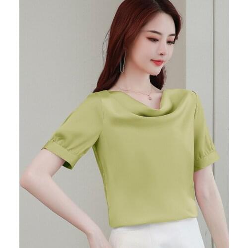 2021 Summer Korean Fashion Short Sleeve Chiffon Shirts Top Ladies Solid Casual V-Neck Female Blouse Blusas Green for Women 0150