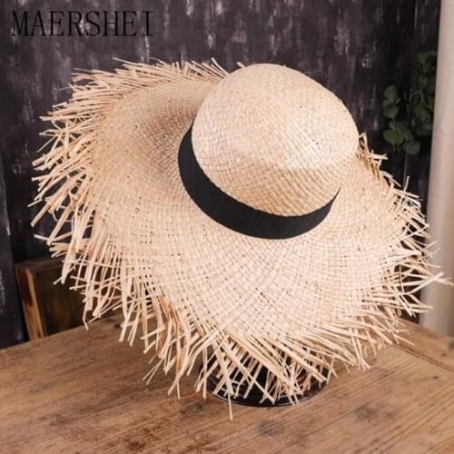 MAERSHEI Women Summer Beach Raffia Black White Ribbon Hat Bow Raffia Hat Temperament Flat Straw Hats Womens Sea Beach Hat