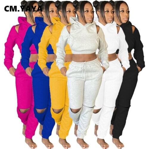 CM.YAYA Sporty Solid Sweatsuit Womens Set Hooded Crop Top Zipper Jogger Pants Set ActiveTracksuit Two Piece Outfit Matching Set