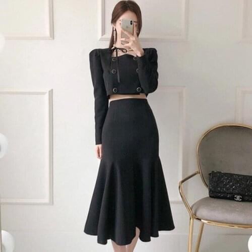 Ladies Office Elegant Black Two Piece Set 2021 Autumn Women O-neck Double-breasted Top+Midi Mermaid Skirt Two Piece Outfits