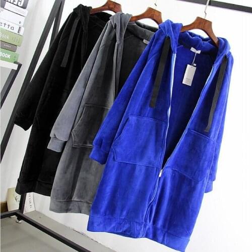 New Black Office Streetwear Long Sleevs Solid Hooded Coat Velvet 2020 Autumn Winter Women Coats Outerwear With Zippers Students
