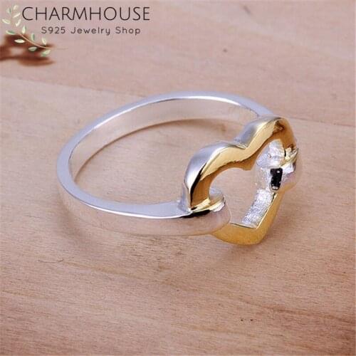 Charmhouse Pure 925 Silver Rings For Women Gold Color Heart Engagement Ring Size 8 Wedding Band Fashion Jewelry Bague Anillo