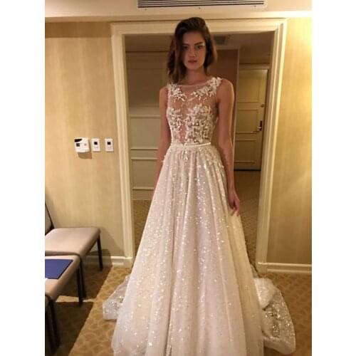 Sexy Scoop Shiny Sequin Wedding Dresses 2020 Beads Flowers Long Backless Formal Wedding Bridal Gowns 2019 Vestido De Noiva