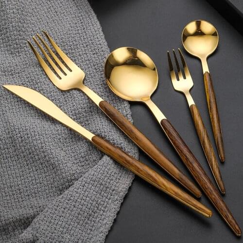 5PCS Gold Silver Stainless Steel Cutlery Set Western Flatware Tableware with Wooden Handle Metal Dinner Spoon Fork Knife