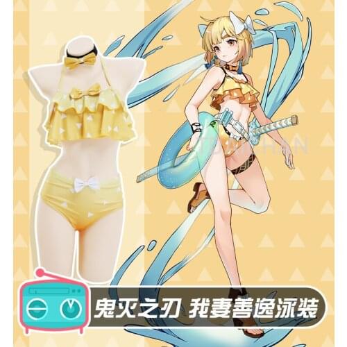 Anime Demon Slayer Swimsuit Bikini Agatsuma Zenitsu Cosplay Costume Hairpin Woman Sexy Beach Swimwear Bathing Suit Woman Girls