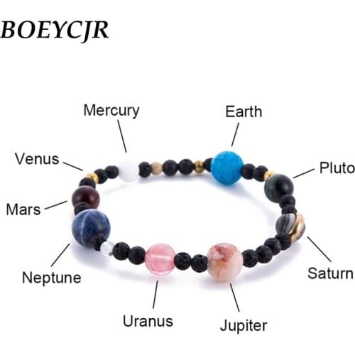 BOEYCJR Universe 9 Planets Stone Beads Bangles & Bracelets Fashion Jewelry Solar System Energy Bracelet For Women or Men