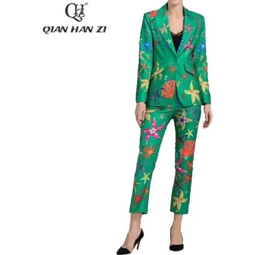 Qian Han Zi designer fashion suit Diamonds Single Button jacket+starfish print trousers Green 2-piece set of women casual 2021