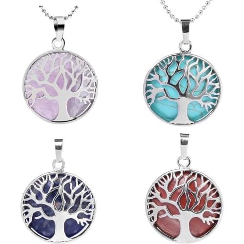 Tree of Life Necklace Round Shape Genuine Stone Pendant with Ball Chain Silver Color Charm Pendant