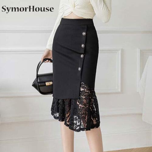 Elegant Lace Stitching Womens Skirt High Waist Pencil Skirts Womens Plus Size Package Hip Button Skirts OL Bandage Skirt