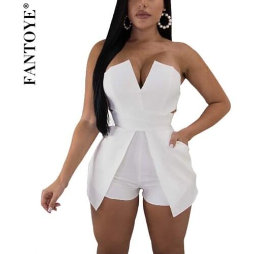 FANTOYE Women Strapless Sexy Playsuit Jumpsuits Patchwork Backless Bodycon Jumpsuit Skinny Rompers Casual V-Neck Outfits 2021