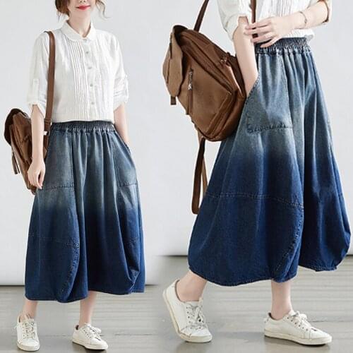 Gradient stitching washed denim skirt fashionable plus size spring summer new womens elastic waist Crotch lantern skirt s390