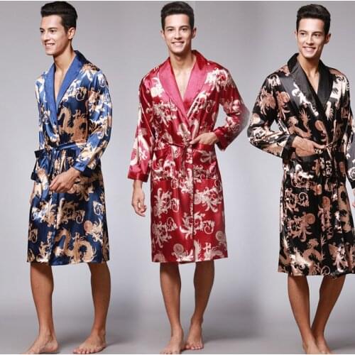 Summer Mens Japanese Cardigan Print Silk Sleepwear Male Senior Satin Robes Long Kimono Bathrobe Man Pajamas Traditional Style