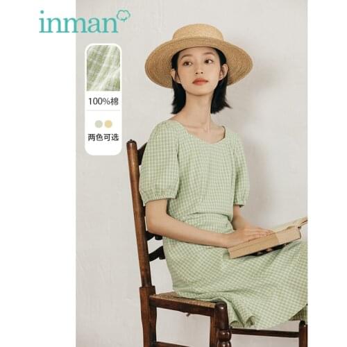 INMAN Summer Autumn Womens Dress Fresh Plaid Peach Heart Collar Drawstring Hem Design Short Sleeve One-Piece
