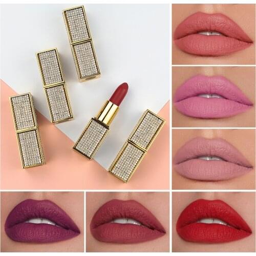 Matte Lipstick 12 Colors Moisture Lips Makeup Diamond Lipstick Tube Waterproof Long Lasting Nude Lipstick Matte Makeup Tool