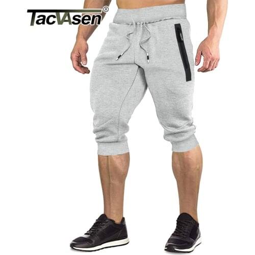 TACVASEN Cotton Running Shorts Mens Sports 3/4 Capri Pants Below Knee Length Joggers Workout Gym Fitness Zipper Pocket Shorts