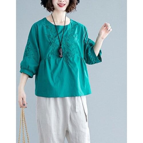 QPFJQD Vintage Embroidered Cotton Linen Breathable Spring Summer Ladies Top Shirts Summer Lantern Sleeve Loose T-Shirts Jacquard