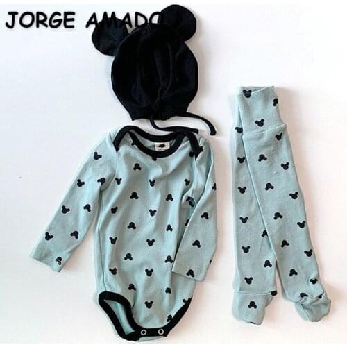 2021 New Autumn Kids Girls Boys Pajamas Sets Long Sleeves Cartoon Bear Bodysuit+Leggins+Cap Kids Clothes Protecting Stomach E138