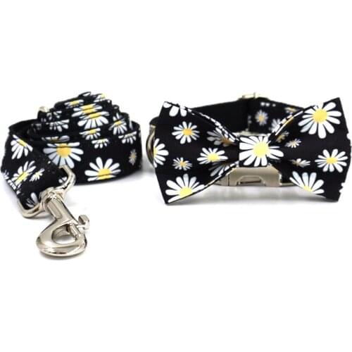 Personalized Dog Collar and Leash Set Bow-knot Small Medium Large Dog Pet ID Collar Lead Flower Print Dog Engraved Collars