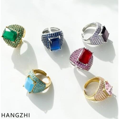 INES New Color Exaggerate Square Zircon Gold Silver Color Geometric Open Rings Party Fashion Jewelry for Women Men HANGZHI 2021