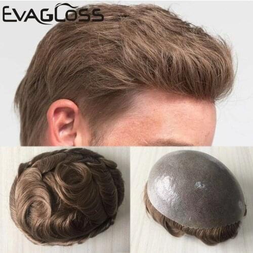 Durable Skin Men Wigs High Density 130% Real Natural Human Hair Hairpiece 0.12mm -0.14mm Skin PU Base Men Toupee Replacement