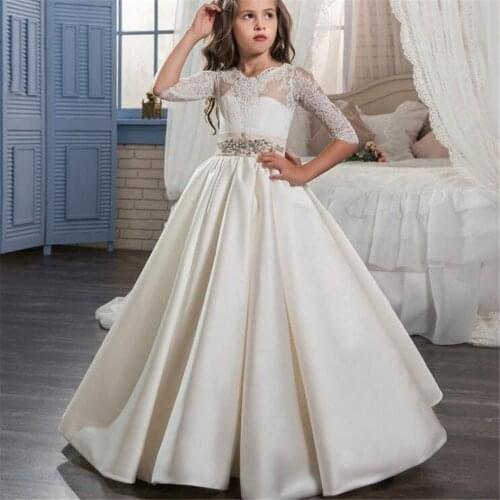 Ivory White Flower Girl Dress Satin Lace Half sleeve Beaded belt Birthday Gown Princess Pageant Gown First Holy Communion Dress