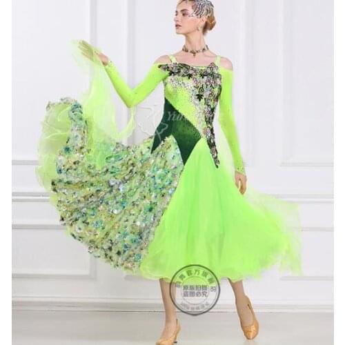 Customize rhinestone green Fox trot Waltz tango salsa competition ballroom cha cha dance dress