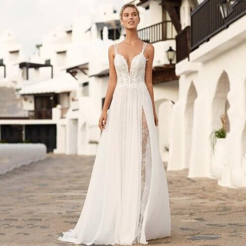 2021 Beach Trending Sexy Backless V-Neck Beads Lace Applique Split Tulle Boho A-Line Wedding Dress Vestido De Noiva