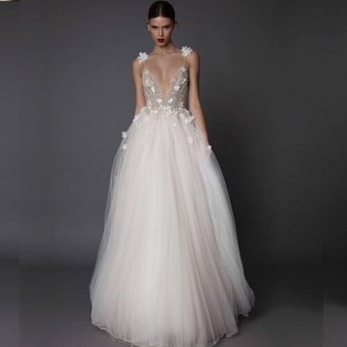 Beach Wedding Dress Sexy V-neck Backless Tulle Vestido Robe De Mariee De Noiva Floor Length Gowns Bride Dresses Brautkleid