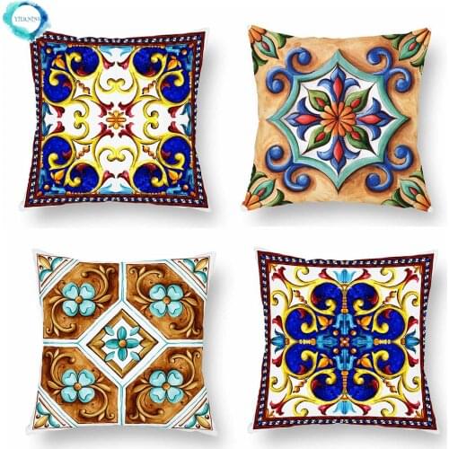 Moroccan Flowers Decorative Polyester Cushion Cover Watercolor Painting Geometric Sofa Throw Pillow Cover 45X45cm