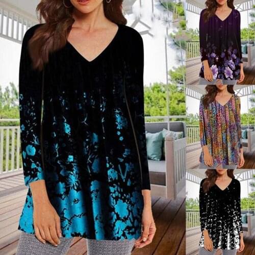 Casual Loose Plus Size Womens Spring and Autumn New Fashion Element Printing V-Neck Nine-point Sleeve Top T-Shirt Ropa De Mujer