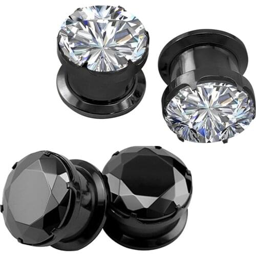 Noble Style Shining CZ Zircon Ear Gauge Black Stainless Steel Screw Plugs Tunnel Ear Expander Stretcher Earring Piercing Jewelry