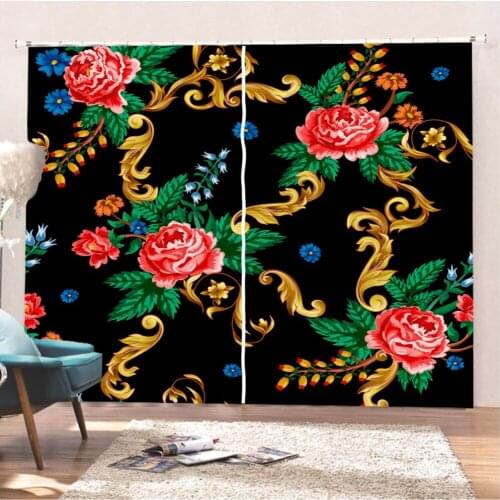 Euporean Pattern Curtains Red And Golden Flower Window Curtains 3D Print Vintage Baroque Window Drapes Home Window Treatment