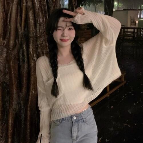 Sunscreen Shirt Thin Hollow Round Neck Long-sleeved Sweater Women Summer New Style Korean Loose Short Top