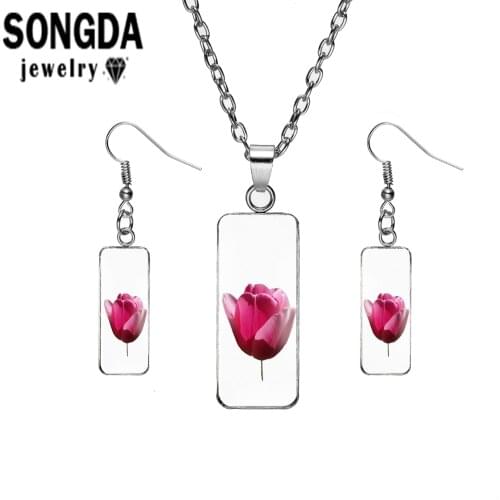 SONGDA Pink Tulip of Good Wishes Earrings Necklace Set Tulip Patterns Oil Painting Fashion Jewellery Set Gifts for Mothers Day