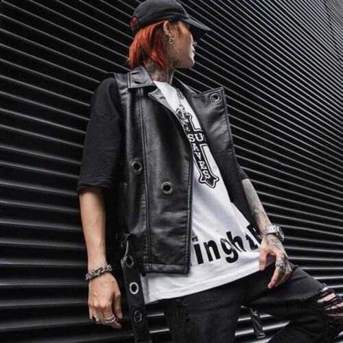 Spring summer men hip hop punk leather vest slim fit sleeveless jacket men biker motorcycle casual faux leather gilet homme