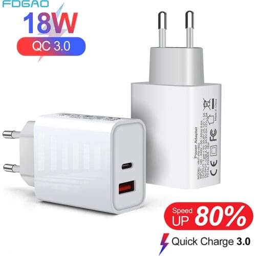 FDGAO 18W USB PD Charger Quick Charge 3.0 Adapter For IPhone 12 Pro 11 XS Max XR X iPad QC 3.0 Fast Charge EU US UK Plug PD Port