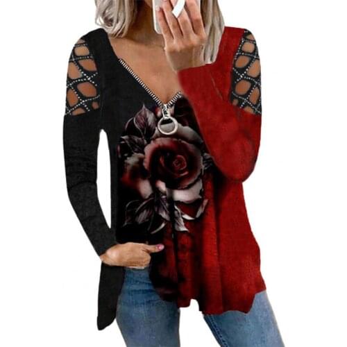 Women Strapless V Neck Print Sexy Deep Low Cut Tops Blouse Hollow Long Sleeve Zipper Neck Tee Shirt Rose Flower Pullover Tops