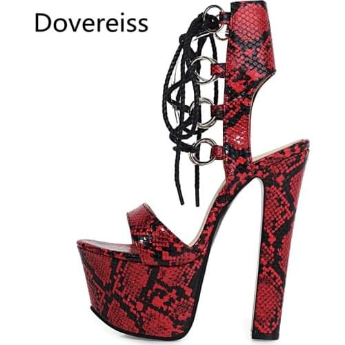 Dovereiss Fashion Summer Womens Shoes Narrow Band Elegant Waterproof Green Snakeskin Cowhide Femmes Sandals Chunky heels 33-46