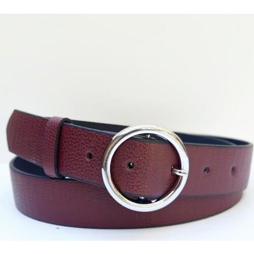 Women Burgundy Silver Ring Buckled Belt Special Ring Buckle Closure Modern Female Trousers Belt