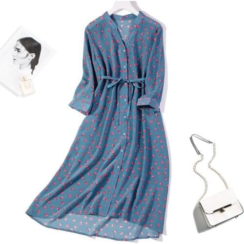 Womens 100% Pure Silk V Neck Long Sleeve Fashion Long Midi Dress Blue Dots Printed With Belt L XL JT010